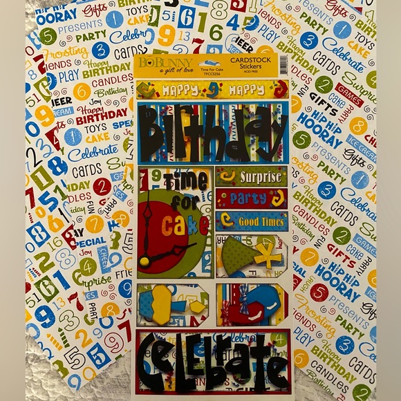 🎈🎉 BO BUNNY “TIME FOR CAKE” BIRTHDAY STICKERS & SCRAPBOOK PAPER BUNDLE. - Picture 1 of 4